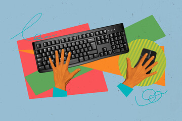 Photo collage trend artwork image of workspace office manager computer retro vintage keyboard hands...