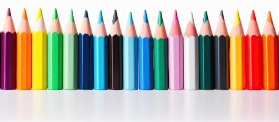 Close up of colorful pencils on a white background with ample copy space for creative purposes