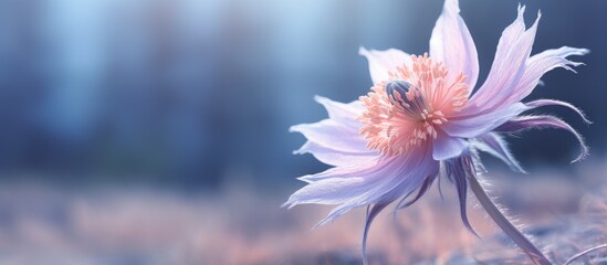 Close up image of a Pulsatilla patens flower with copy space revealing its delicate beauty against a blurred background
