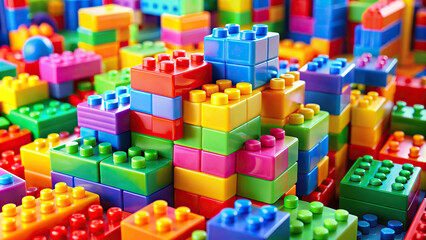 Detailed close-up of kids' toy constructor blocks in various colors, set against a vibrant and cheerful background.