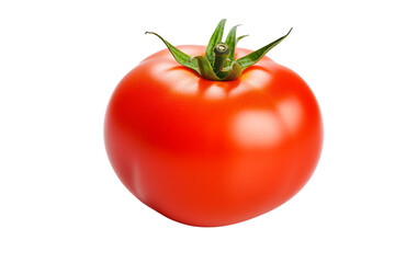 A photo of a tomato on a black background.
The tomato is round and red.