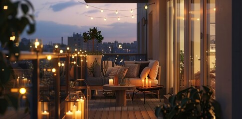 balcony with outdoor furniture, string lights and candles, interior design - Powered by Adobe