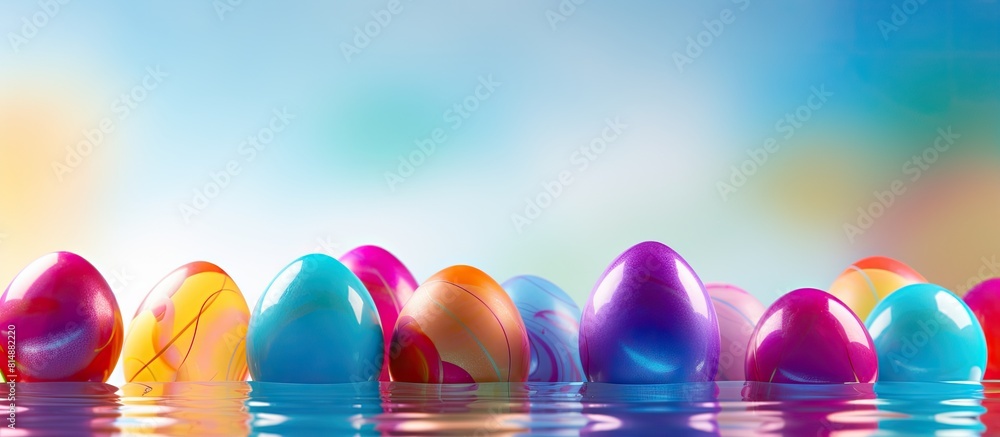 Poster colorful easter eggs arranged on a vibrant background leaving an empty space for the image. copyspac