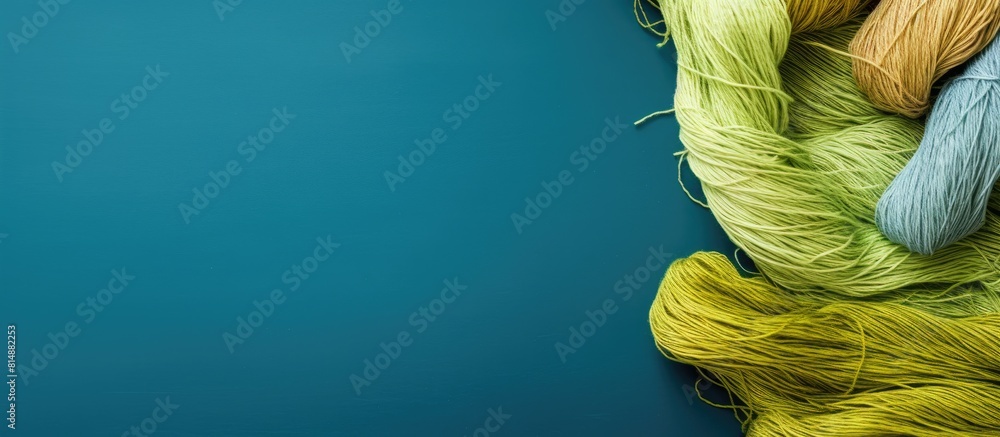 Poster a collection of yellowish green hemp threads is found on a blue background offering colorful tones i