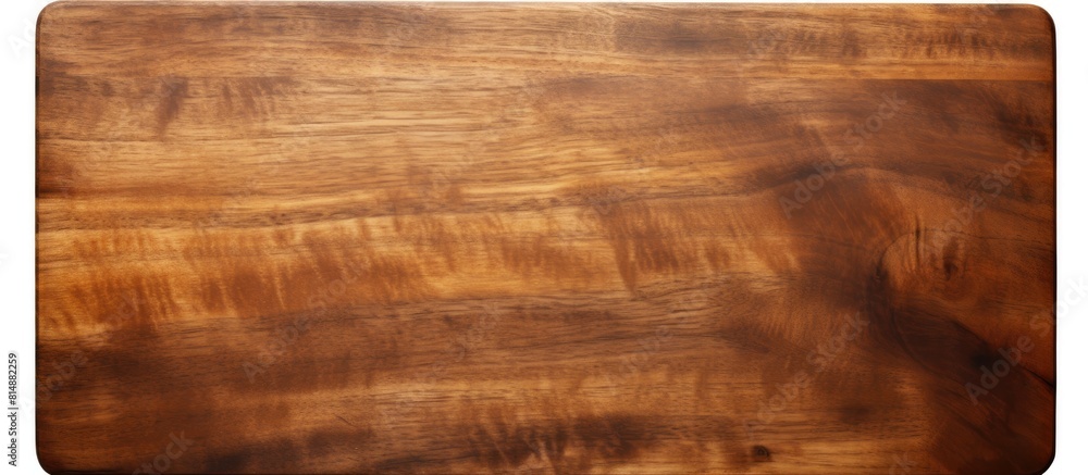 Poster a dark colored wooden cutting board is seen in isolation on a white background with a clipping path 