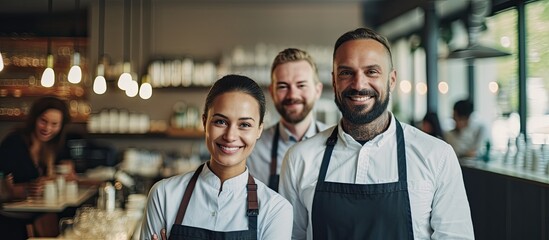 Colleagues from different cultures dressed in workwear stand inside a modern cafe or restaurant They appear happy and direct their gaze toward the viewer The image contains copy space