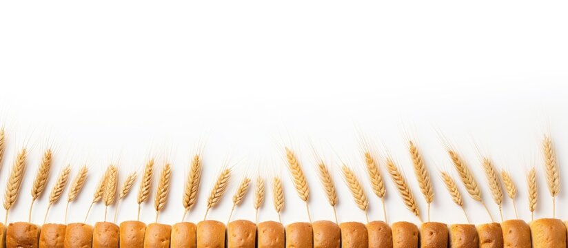 A copy space image of wheat colored bread cut into small pieces is arranged like a decorative border It is isolated on a white background and depicted from a top down perspective reminiscent of a fas