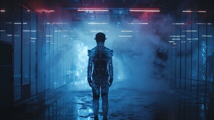 Futuristic Cyborg Silhouette in Vivid High Tech Environment with Ambient Lighting