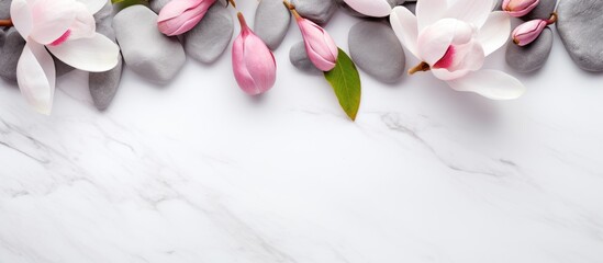 A creative composition featuring lovely spring magnolia flowers and grey stones on a white marble...