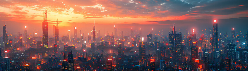 A beautiful sunset over a futuristic city. The warm colors of the sky contrast with the cool colors of the buildings.
