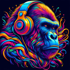 Digital art vibrant colorful gorilla with headphones listening to music