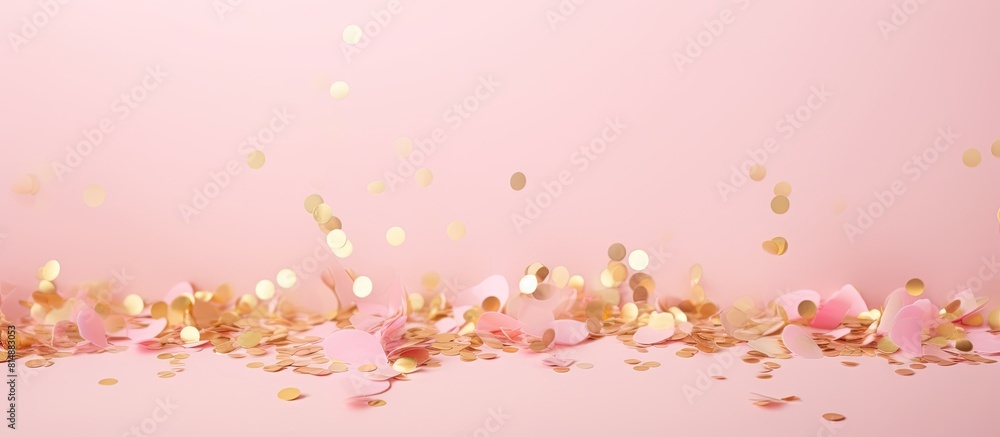 Poster festive design with vibrant gold confetti scattered on a pastel pink background creating a visually 
