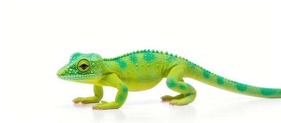Naklejka premium A toy lizard designed for children featuring green spots on its body isolated on a white surface for a copy space image