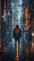 Solitary Cyborg Wandering Through Futuristic Metropolis Shrouded in Neon and Rain