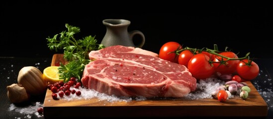 A raw pork steak is displayed on a wooden cutting board alongside vegetables peppers tomato salt and spices The image has a black background providing ample copy space