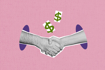 Creative picture human hands two handshake deal agreement money economy trade accept approve...