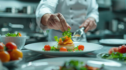 gourmet dish being prepared in a high-end restaurant kitchen