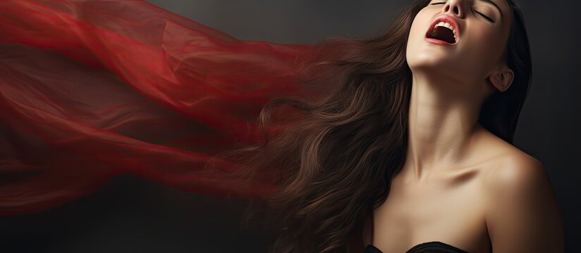 Yawning model with tired expression in front of copy space image
