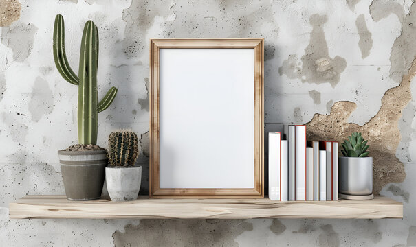 Home interior poster mock up with vertical metal frame with cactuse piant in pots