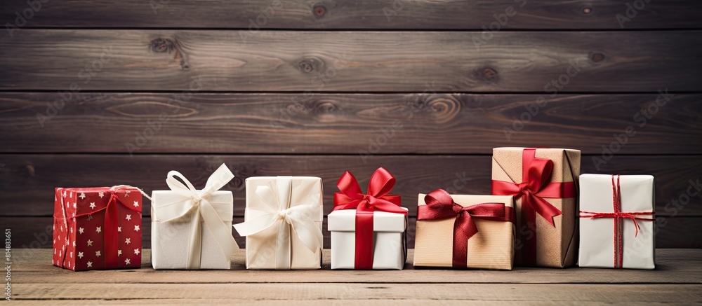 Poster a copy space image featuring red and white gift boxes adorned with bows and ribbons placed on a rust