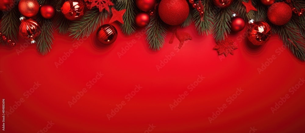 Poster top view of a festive christmas composition featuring red decorations and fir tree branches on a vib