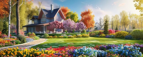 Beautiful lawn with colorful flowers and trees in front of the house. Luxury landscape design,
