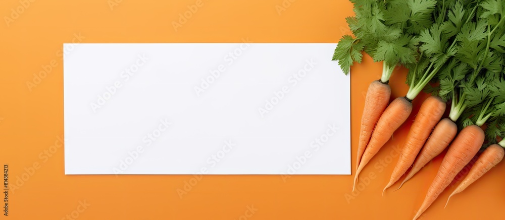 Poster minimal easter holiday background featuring a trendy composition of carrots and a paper card with am