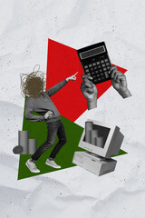 3D collage composite artwork sketch image of silhouette headless man show finger point old computer...