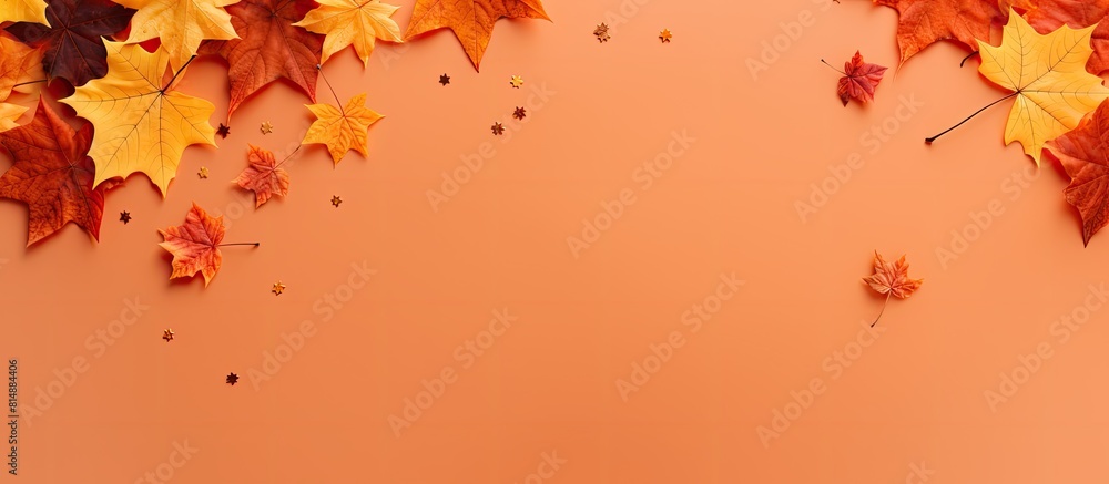Poster A festive autumn themed square composition with a maple leaf and confetti on an orange background suitable for Thanksgiving birthdays or sales The view is from the top with ample copy space
