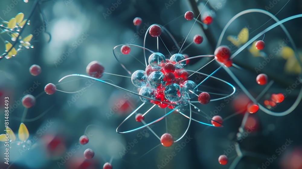 Poster detailed fluorine atom visualization with 3d rendering of electrons and electronegativity