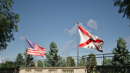 Modellazione 3D  di un balcone storico con bandiera USA e Alabama al vento