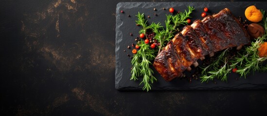 A flavorful dish of spice rubbed grilled pork ribs laid on a rustic stone backdrop offering a perfect spot for your text. Copyspace image