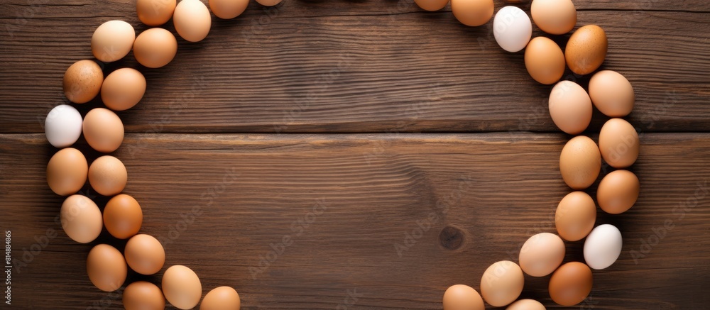 Wall mural From a top view on a wooden background there is a ring or circle made of chicken eggs The image offers copy space