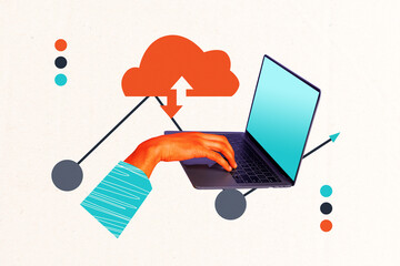 Creative collage of hand typing netbook storage app internet working bizarre unusual fantasy...