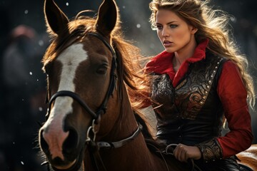 Fototapeta premium Elegant woman in traditional attire confidently rides a beautiful horse with a focused gaze