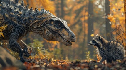 Raccoon confronting a dinosaur in an autumn forest with sunlit golden leaves