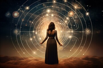 Back view of a woman with cosmic lines and planets surrounding her under a starry sky