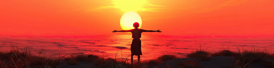 Fototapeta premium Sunrise Harmony: A person at sunrise, eyes closed, arms open, embracing the beauty and warmth of the new day. 