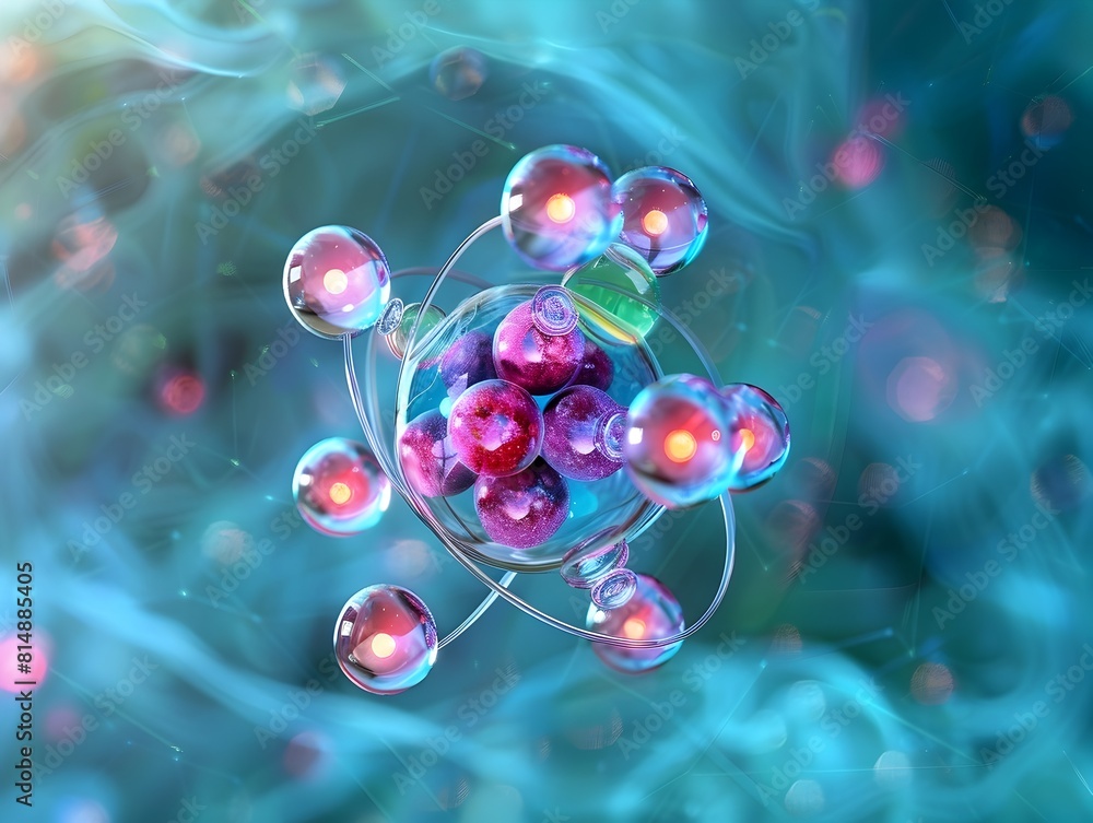 Poster atomized visualization of subatomic particles in a vibrant digital