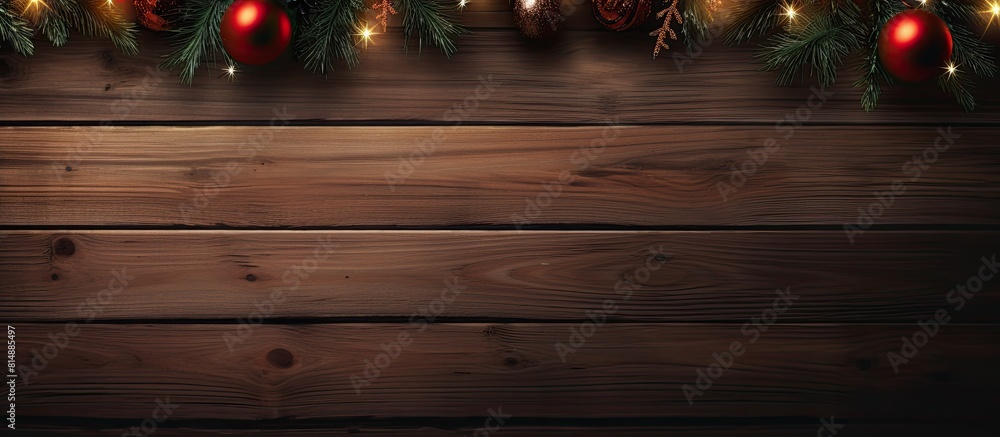 Poster a christmas garland illuminates a wooden background creating a beautiful contrast in the darkness th