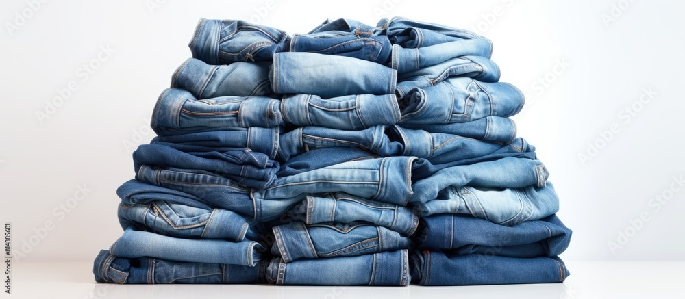 Poster old blue jeans stacked neatly on a white background with plenty of copy space for an image