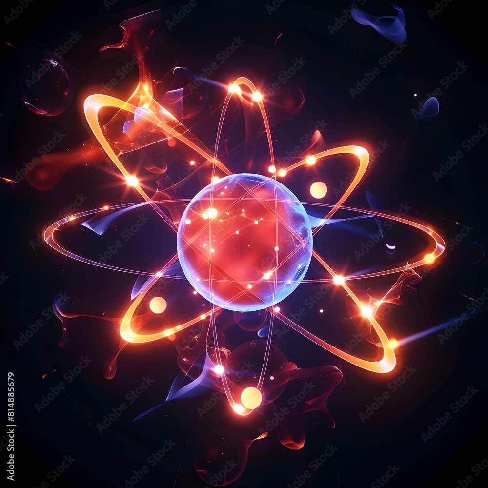 Poster electron cloud model illustrating atomic structure and quantum mechanics