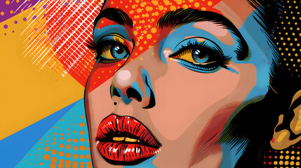 Vivid Woman Portrait with Makeup: A colorful close-up illustration showcasing the beauty and glamour of a woman's face adorned with makeup, emphasizing her eyes, lips, and radiant skin
