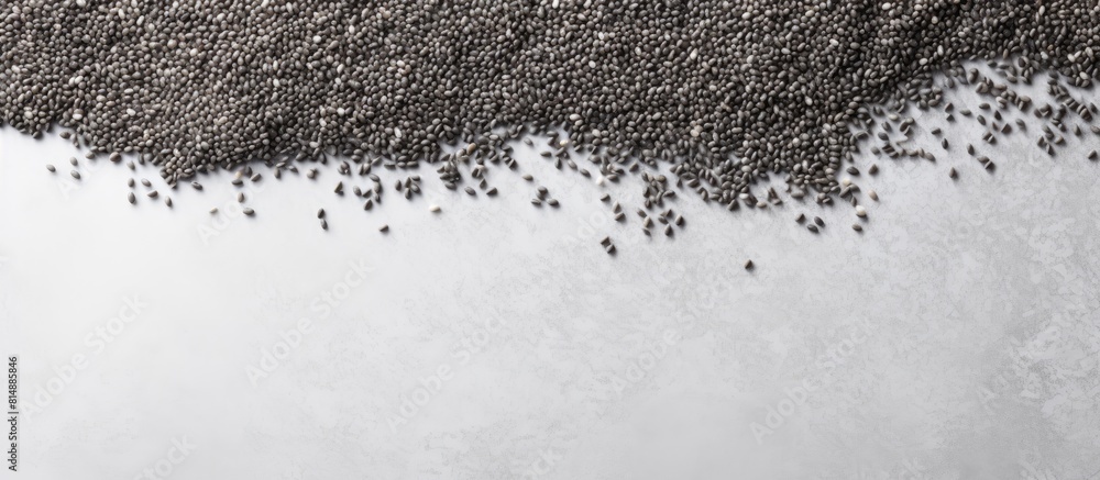 Poster a flat lay photograph featuring a pile of chia seeds on a light grey table with copy space for text
