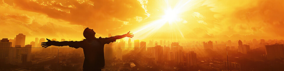 Urban Sunset: A person in an urban setting at sunset, eyes closed, arms outstretched, basking in the warm glow of the fading sun
