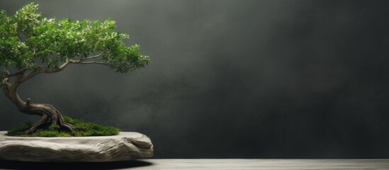 A natural looking grey wooden stand adorned with a lush green branch providing ample copy space for any desired content