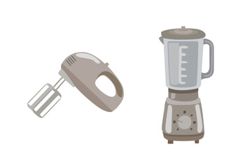 Kitchen appliance icon set isolated on white background. A set of flat hand blender and mixer for grinding products. A set of electric kitchen appliances in beige and black color