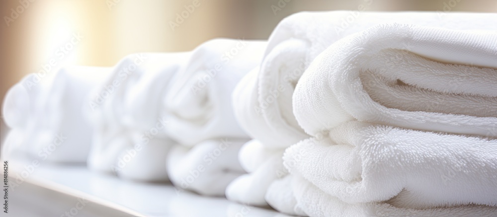 Aufkleber copy space image of neatly stacked and rolled soft white towels in a close up shot