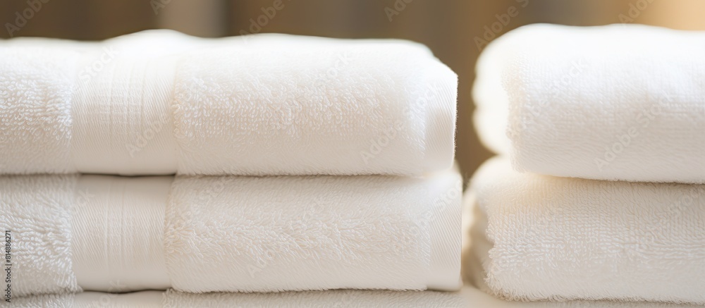 Aufkleber copy space image of neatly stacked and rolled soft white towels in a close up shot