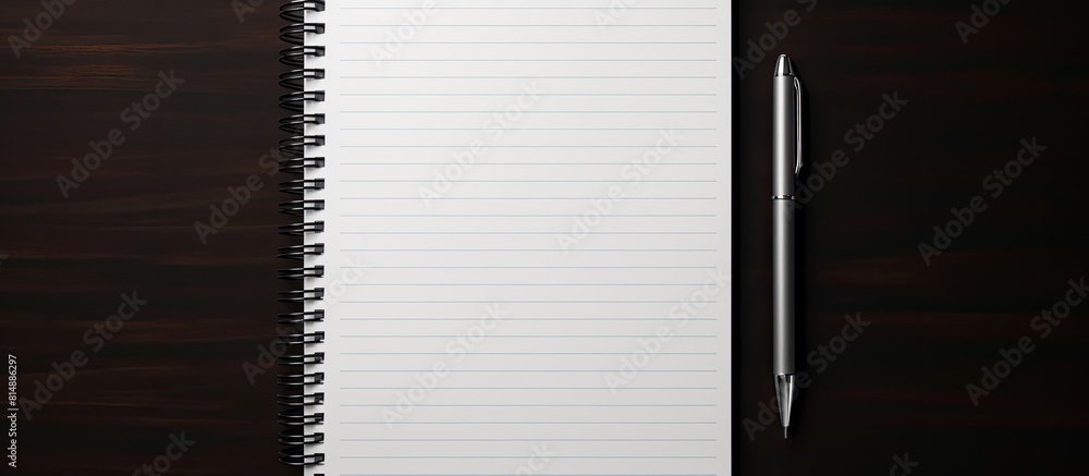 Aufkleber top view of a black notepad with a pen paper clip and blank paper providing ample space for addition